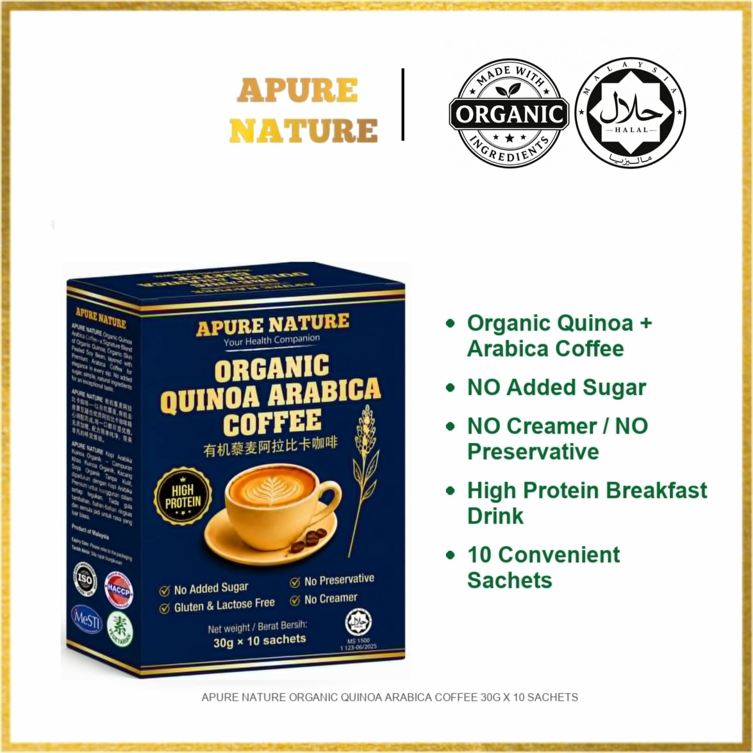 APURE NATURE ORGANIC QUINOA ARABICA COFFEE 30G X 10 SACHETS